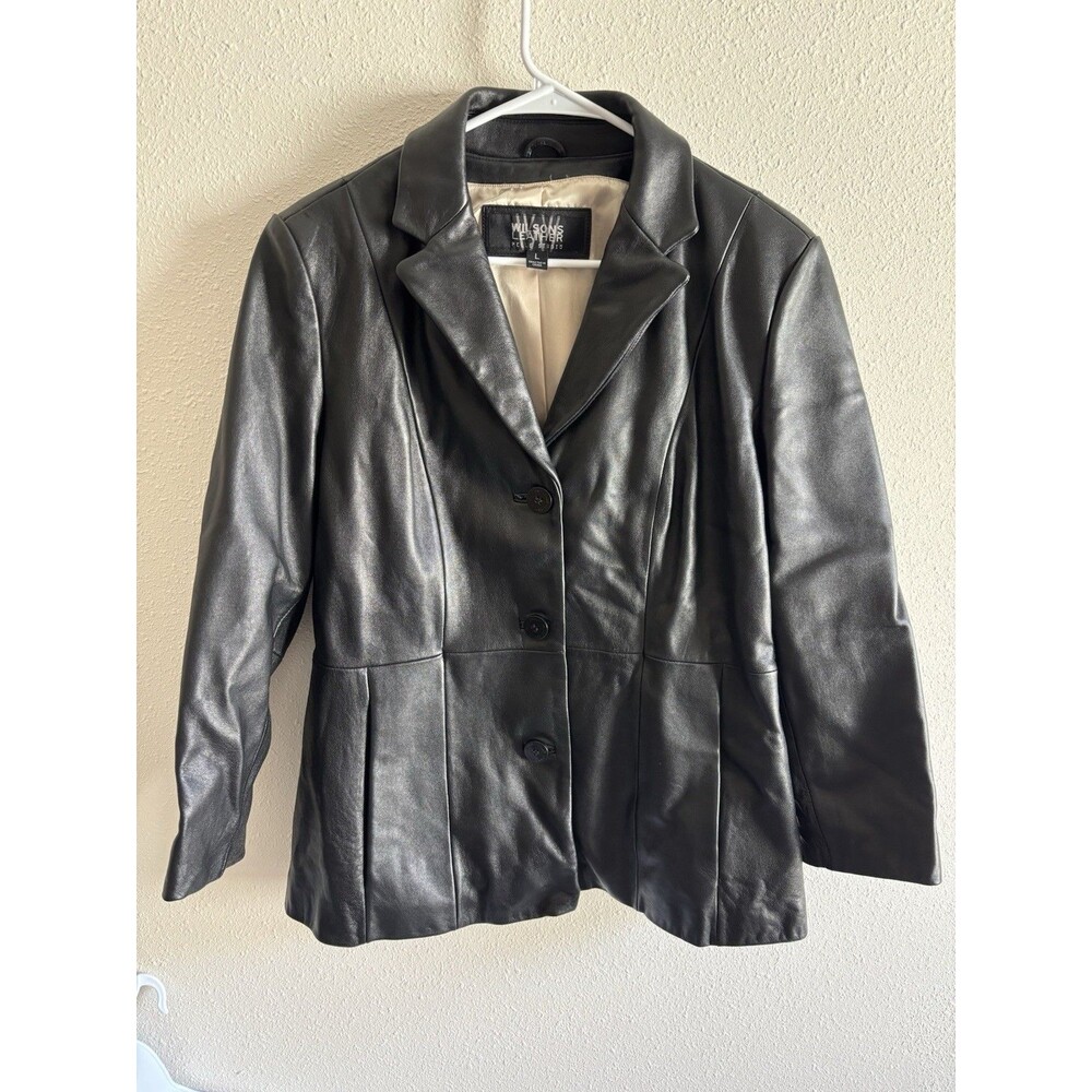 Vtg 90s Wilsons‎ Leather Pelle Studio Black Leather Blazer Jacket Women's Large